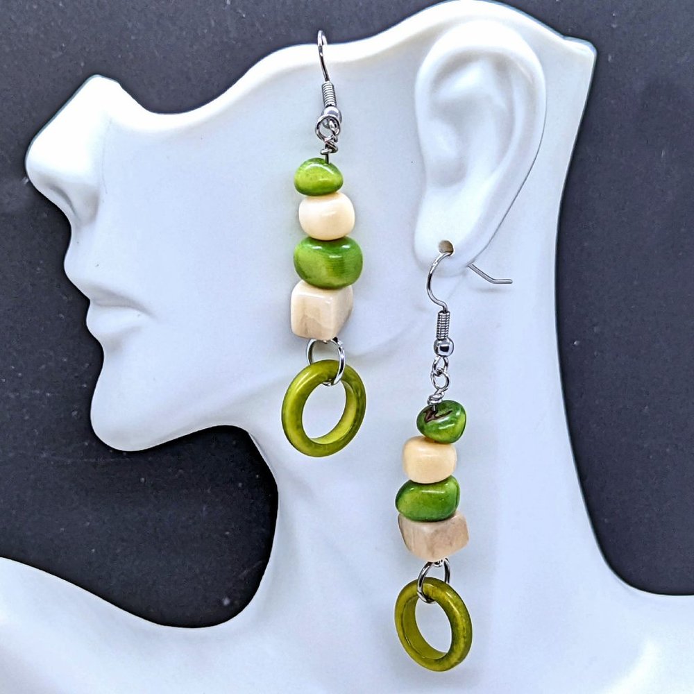 Olive Green and Bone White Tagua Nut Bead Earrings with Stainless Steel Hooks